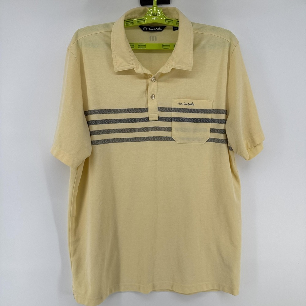 Travis Mathew Polo Shirt Mens XL Yellow Striped Cotton Golf Pocket Performance